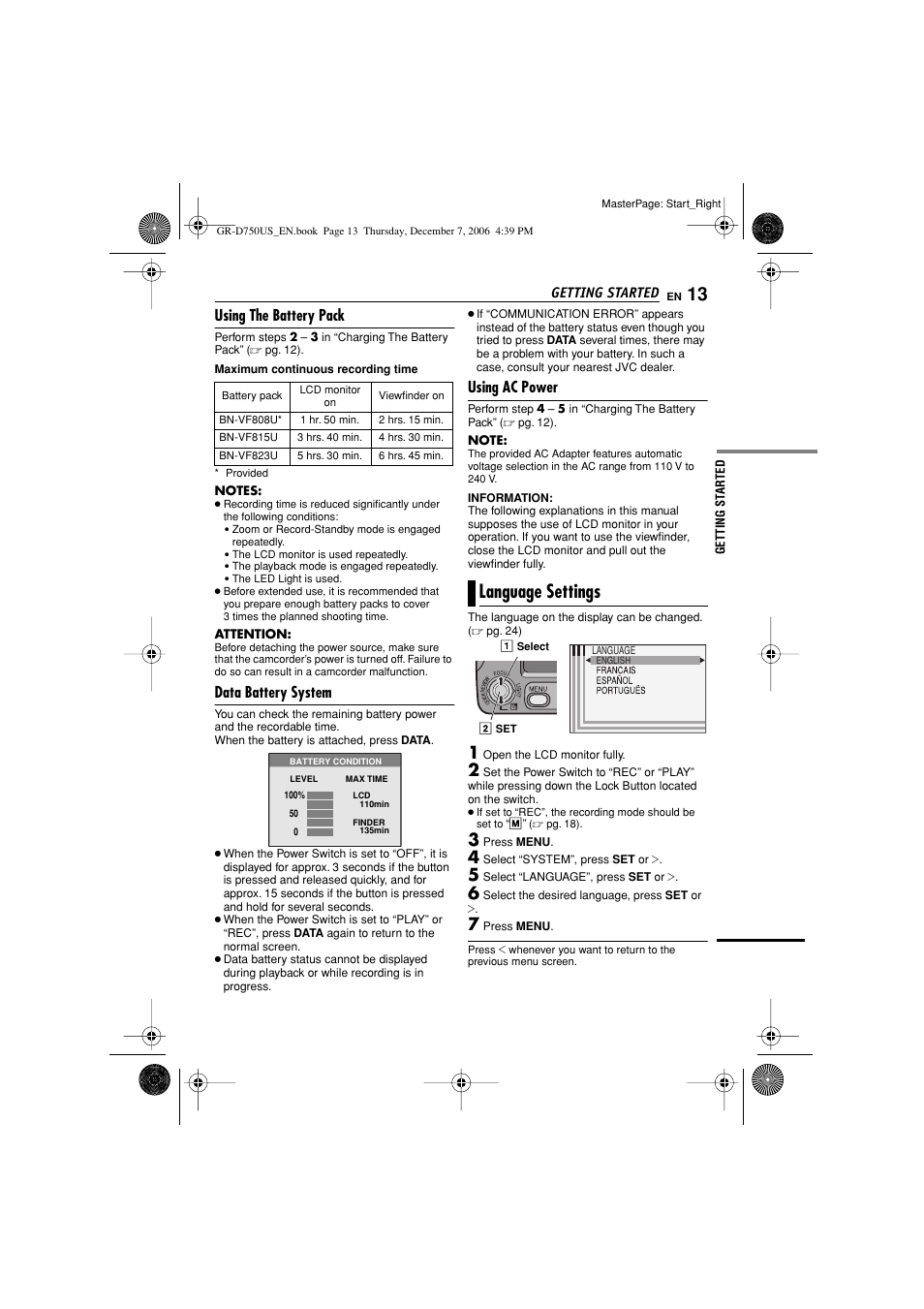 Language settings, Using the battery pack, Data battery system | Using ac power | JVC GR-D750US User Manual | Page 13 / 40