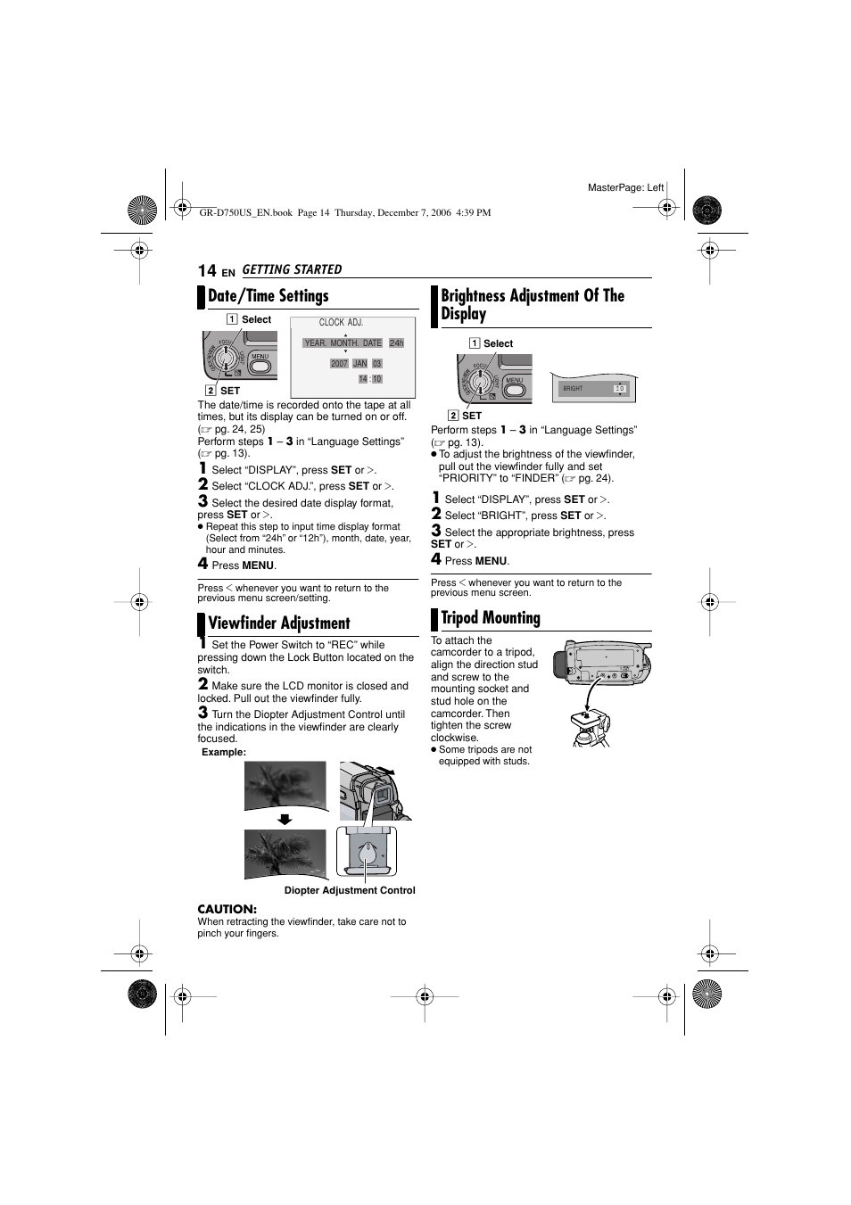 Date/time settings viewfinder adjustment | JVC GR-D750US User Manual | Page 14 / 40