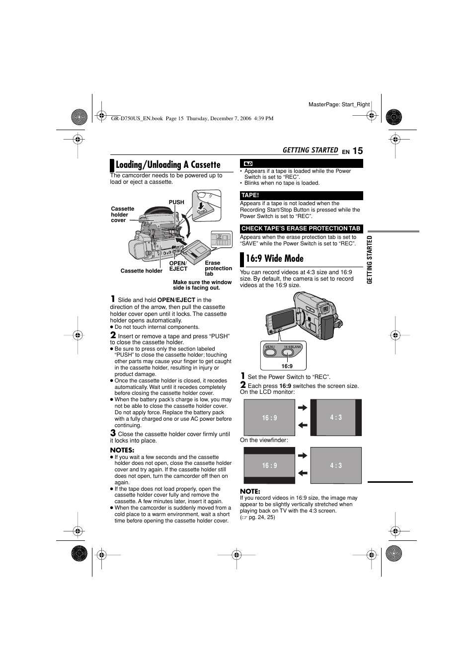 Loading/unloading a cassette, 9 wide mode | JVC GR-D750US User Manual | Page 15 / 40