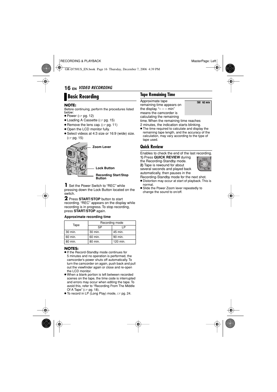 Basic recording, Tape remaining time, Quick review | JVC GR-D750US User Manual | Page 16 / 40