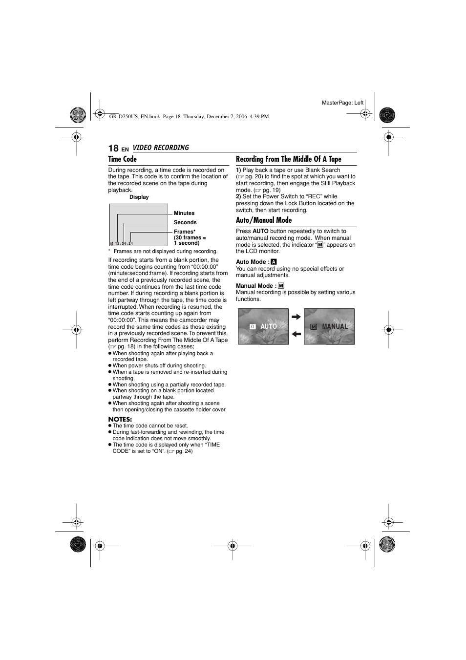 Time code, Recording from the middle of a tape, Auto/manual mode | JVC GR-D750US User Manual | Page 18 / 40