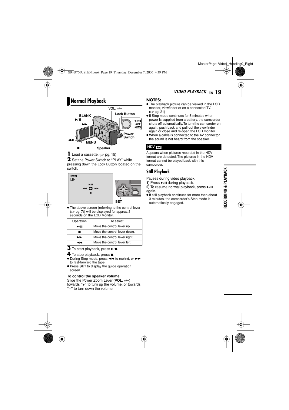 Normal playback, Still playback | JVC GR-D750US User Manual | Page 19 / 40