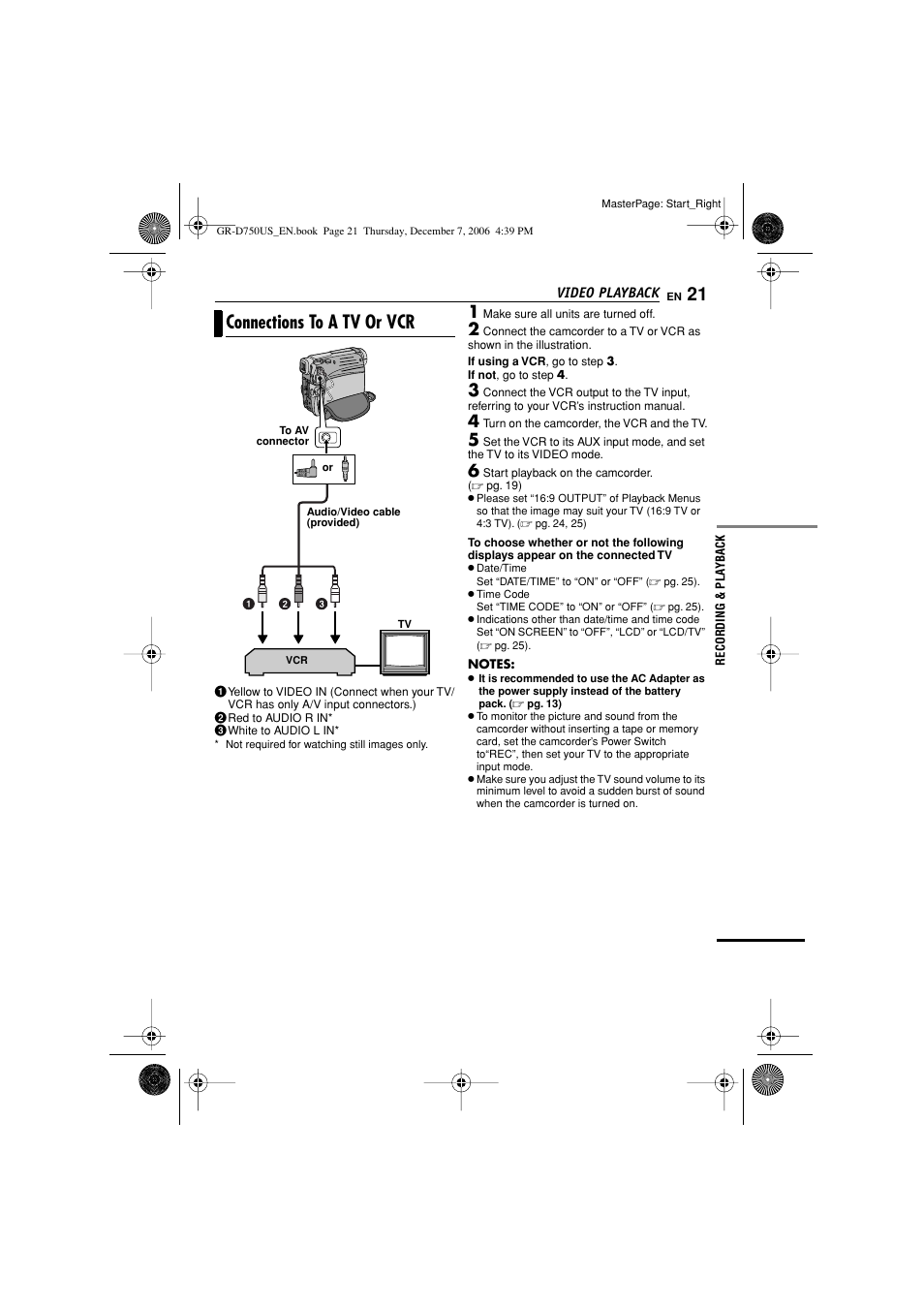 Connections to a tv or vcr | JVC GR-D750US User Manual | Page 21 / 40