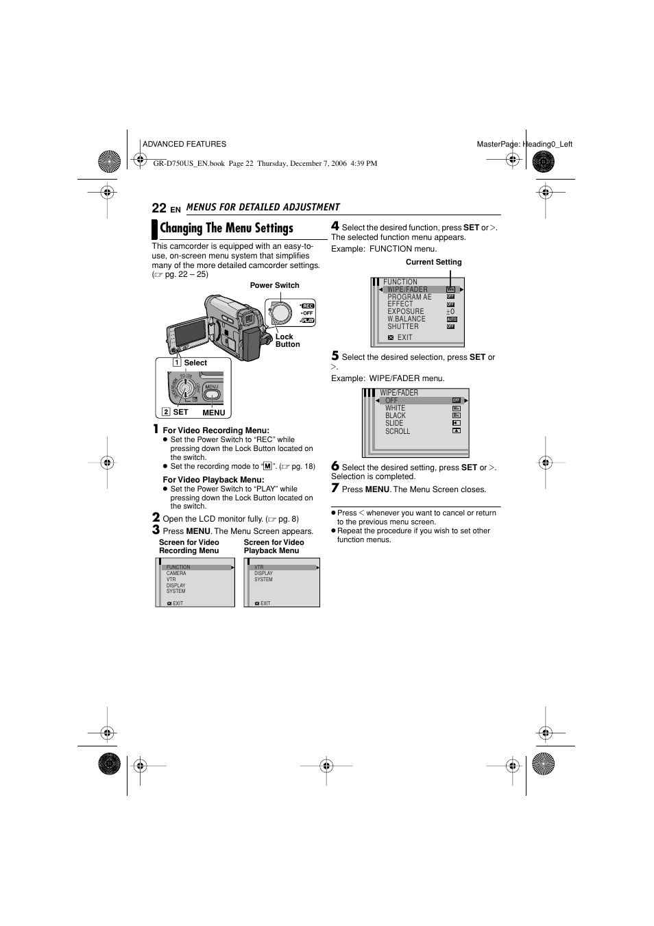 Changing the menu settings, Menus for detailed adjustment | JVC GR-D750US User Manual | Page 22 / 40