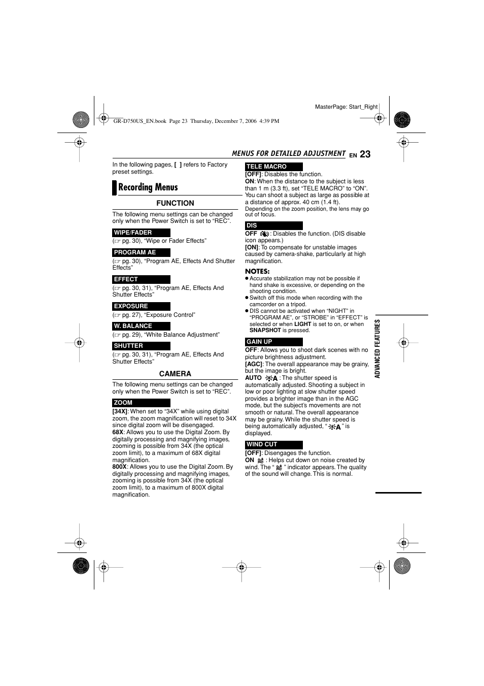 Recording menus | JVC GR-D750US User Manual | Page 23 / 40