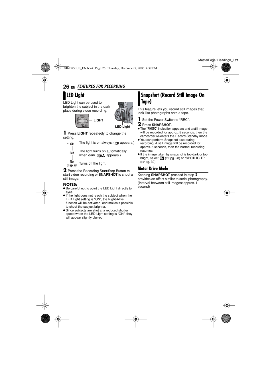 Led light, Snapshot (record still image on tape) | JVC GR-D750US User Manual | Page 26 / 40