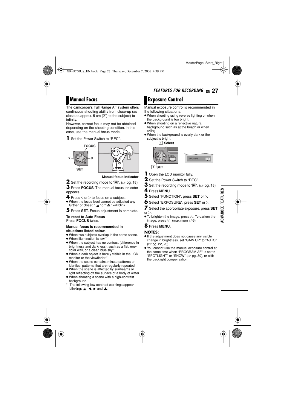 Manual focus, Exposure control | JVC GR-D750US User Manual | Page 27 / 40