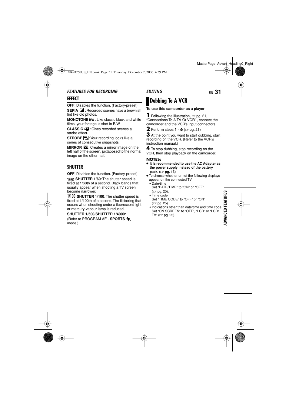 Dubbing to a vcr, Effect, Shutter | JVC GR-D750US User Manual | Page 31 / 40