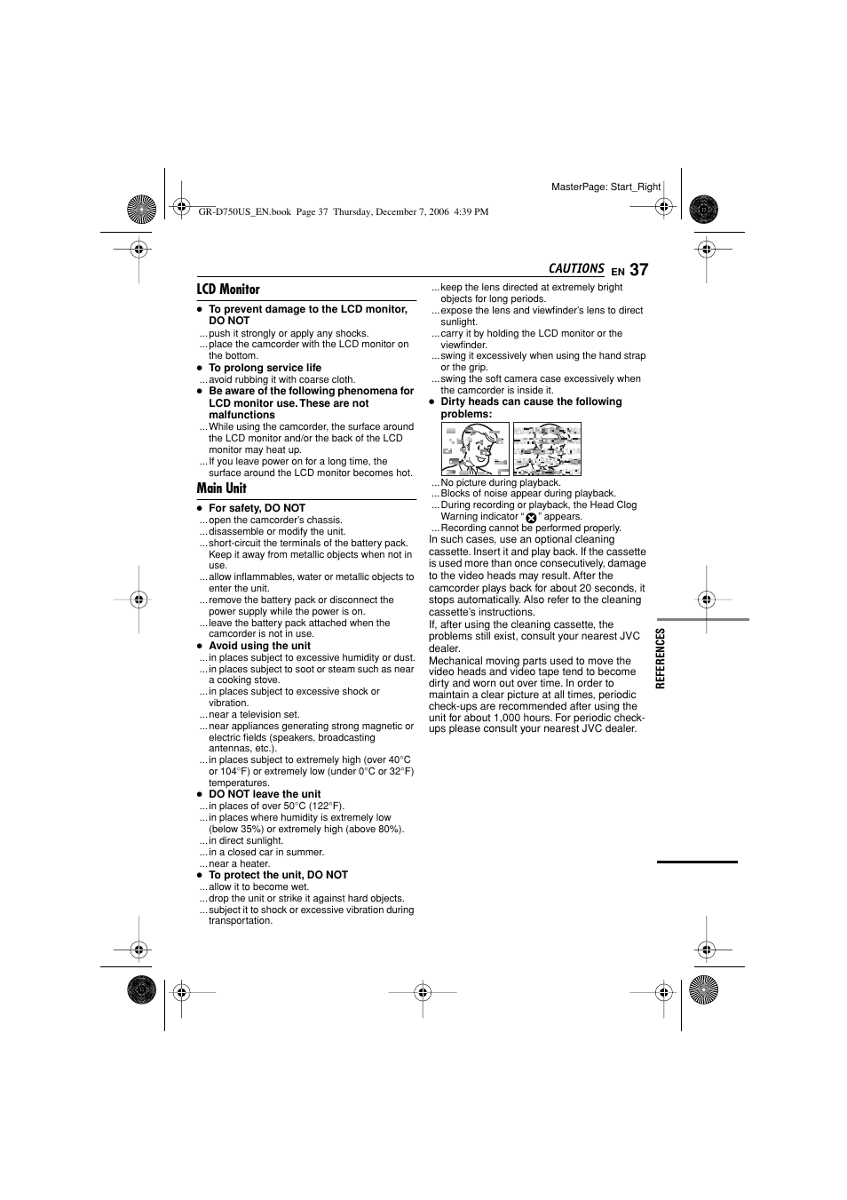 Lcd monitor, Main unit, Cautions | JVC GR-D750US User Manual | Page 37 / 40