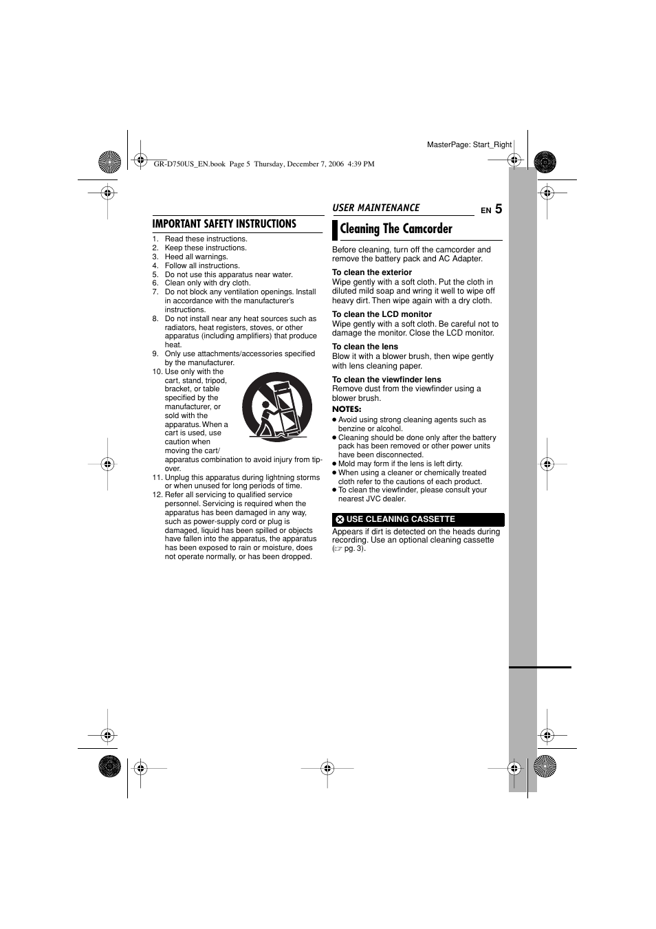 Cleaning the camcorder, Important safety instructions | JVC GR-D750US User Manual | Page 5 / 40