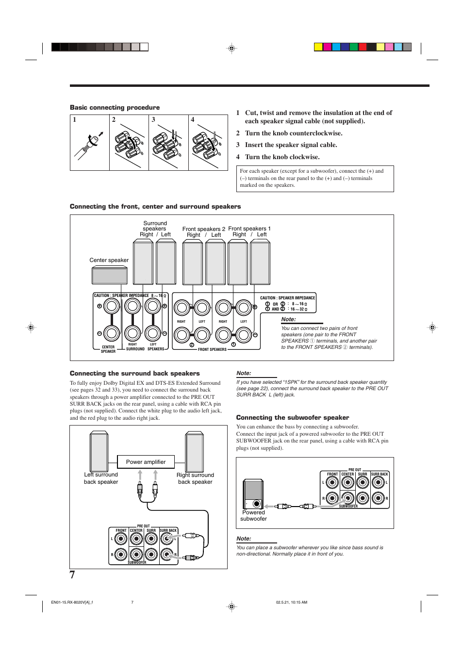 Basic connecting procedure, Connecting the front, center and surround speakers, Connecting the surround back speakers | Connecting the subwoofer speaker | JVC LVT0870-006A User Manual | Page 10 / 64