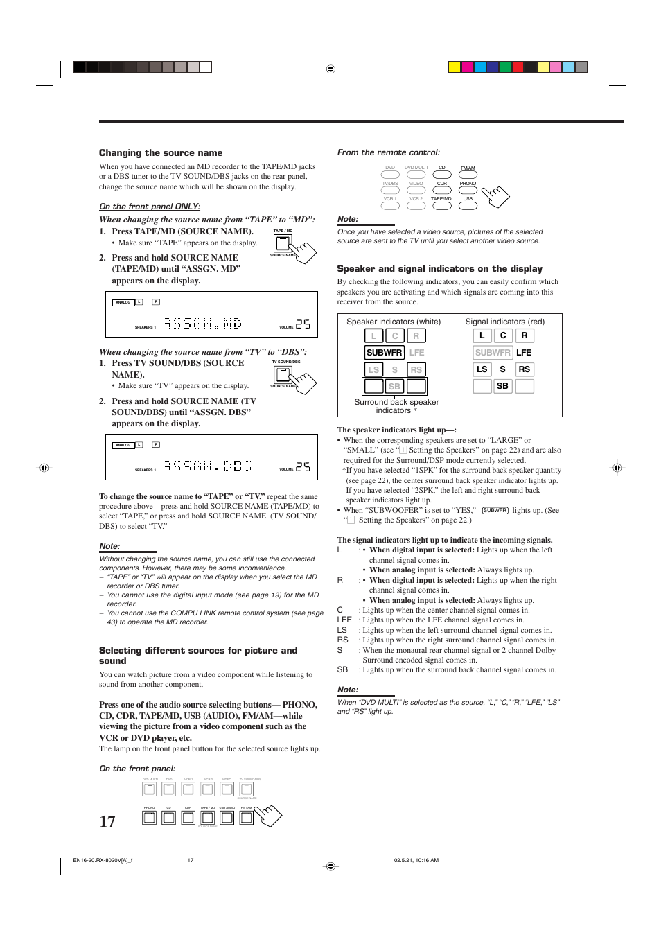 Changing the source name, Selecting different sources for picture and sound, Speaker and signal indicators on the display | JVC LVT0870-006A User Manual | Page 20 / 64
