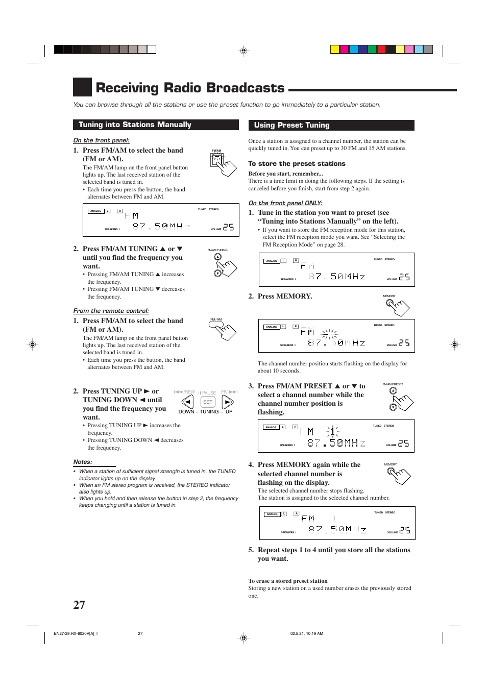 Rece4iving radio broadcasts, Receiving radio broadcasts, Tuning into stations manually | Press fm/am to select the band (fm or am), Using preset tuning | JVC LVT0870-006A User Manual | Page 30 / 64