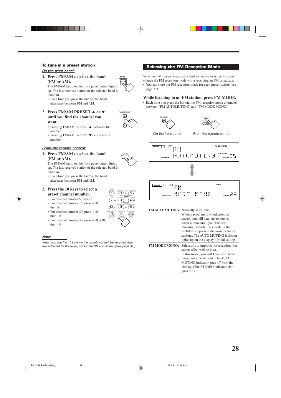 Press fm/am to select the band (fm or am), Selecting the fm reception mode, While listening to an fm station, press fm mode | JVC LVT0870-006A User Manual | Page 31 / 64