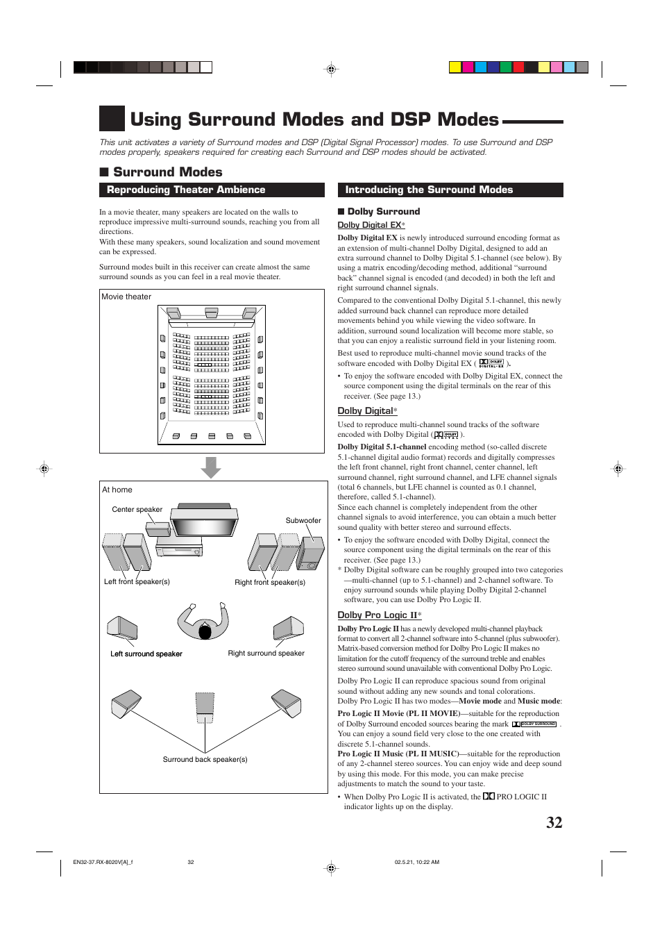 Using surround modes and dsp modes, Surround modes | JVC LVT0870-006A User Manual | Page 35 / 64