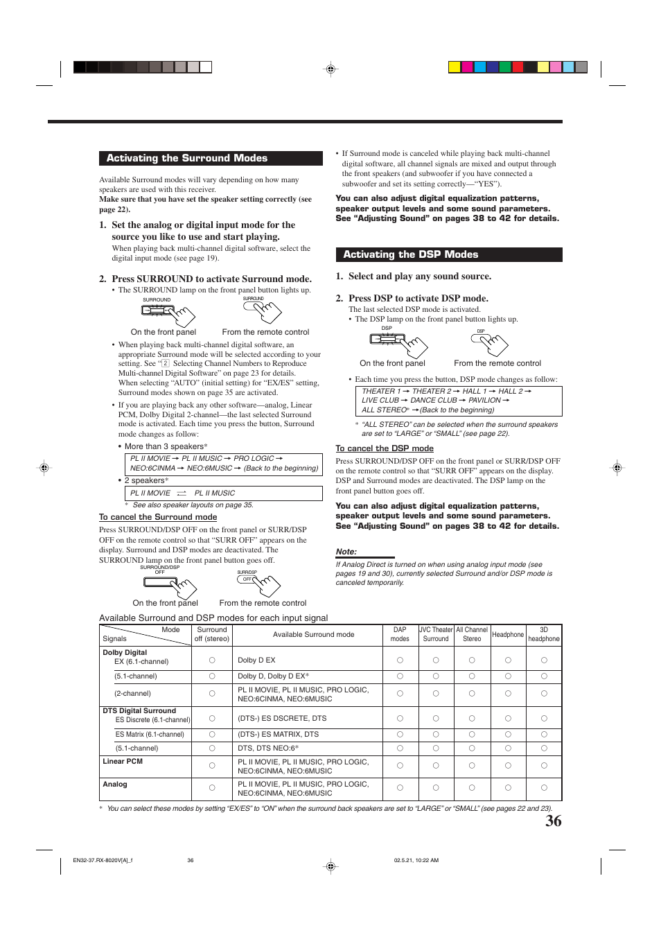 Activating the surround modes, Press surround to activate surround mode | JVC LVT0870-006A User Manual | Page 39 / 64