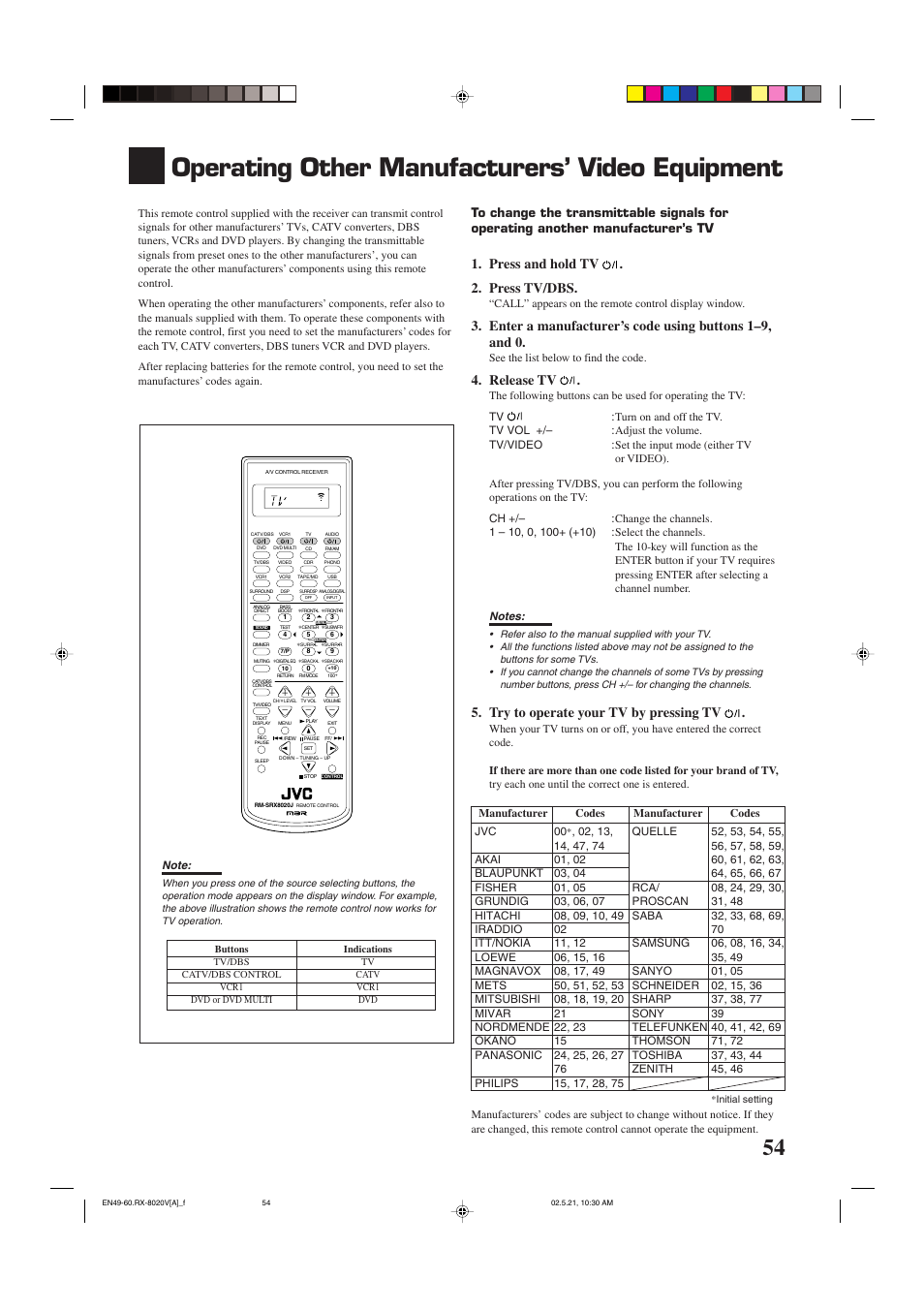 Operaiong other manufacturers' video equipment, Operating other manufacturers’ video equipment, Press and hold tv . 2. press tv/dbs | Release tv, Try to operate your tv by pressing tv | JVC LVT0870-006A User Manual | Page 57 / 64