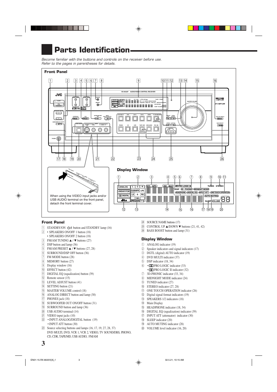 Parts identification, Display window, Front panel | JVC LVT0870-006A User Manual | Page 6 / 64