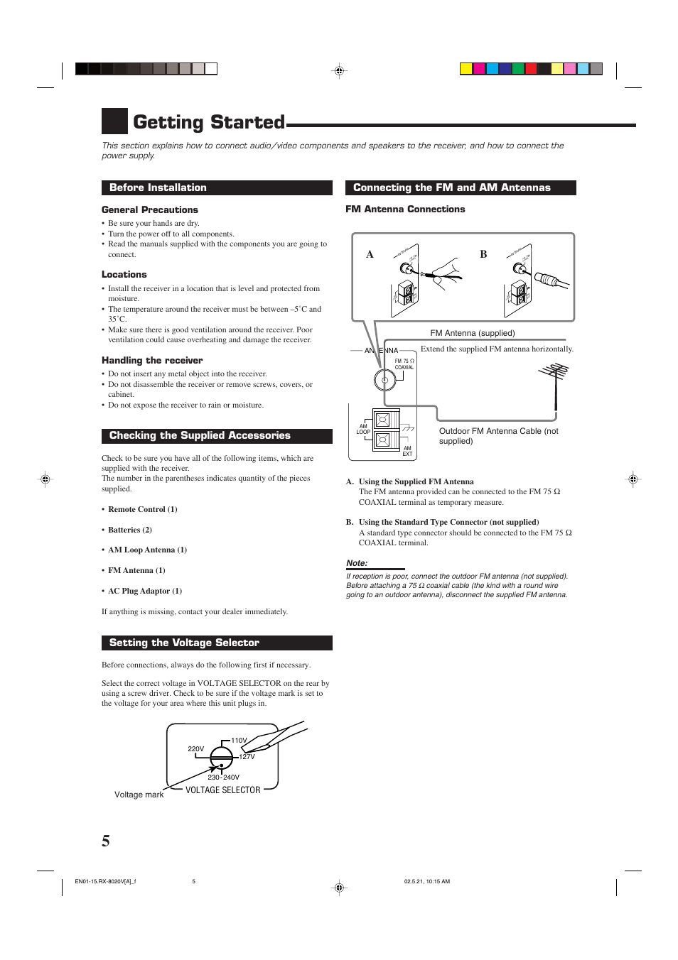 Getting started, Before installation, Checking the supplied accessories | Setting the voltage selector, Connecting the fm and am antennas, General precautions, Locations, Handling the receiver, Fm antenna connections | JVC LVT0870-006A User Manual | Page 8 / 64