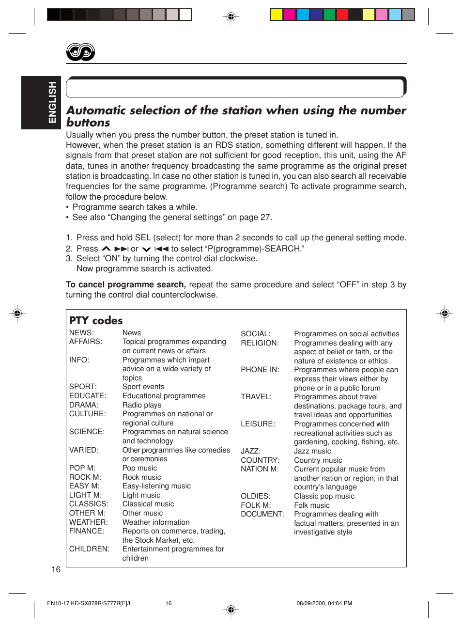 Other convenient rds functions and adjustments, Pty codes | JVC CD Receiver KD-S8R User Manual | Page 16 / 45