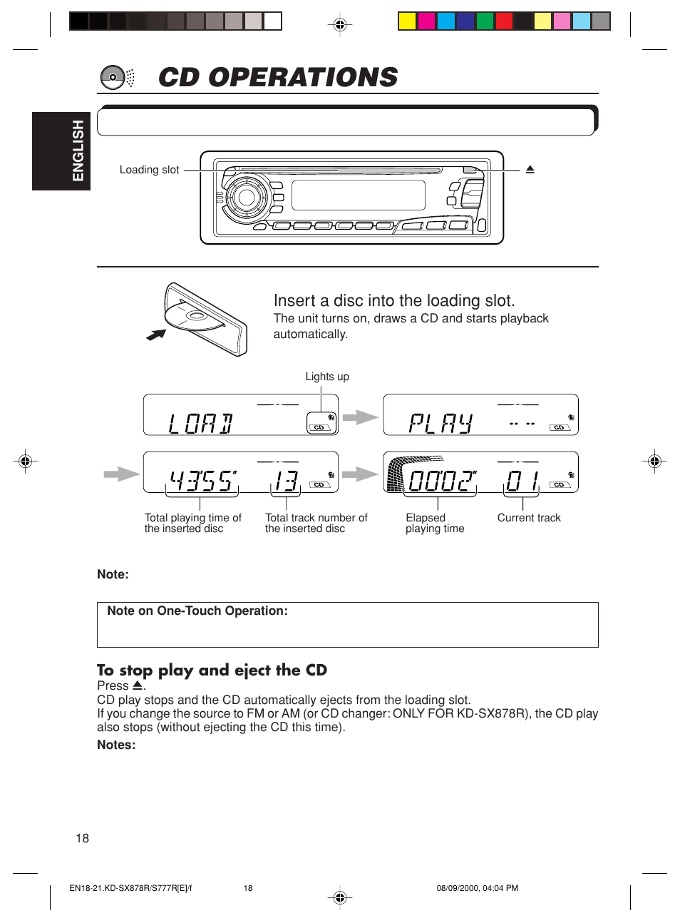 Cd operations, Playing a cd, Insert a disc into the loading slot | JVC CD Receiver KD-S8R User Manual | Page 18 / 45