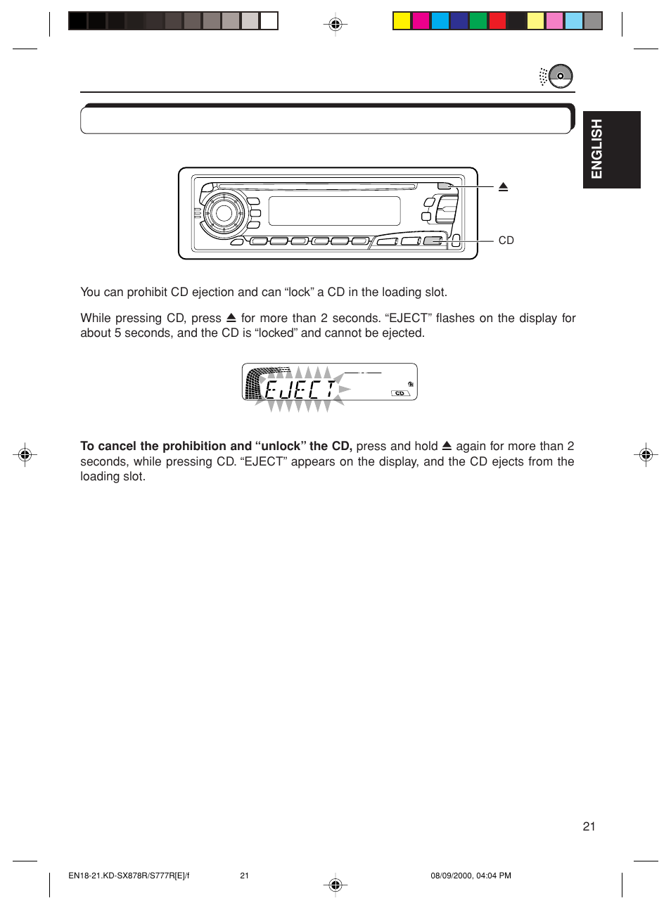 Prohibiting cd ejection | JVC CD Receiver KD-S8R User Manual | Page 21 / 45