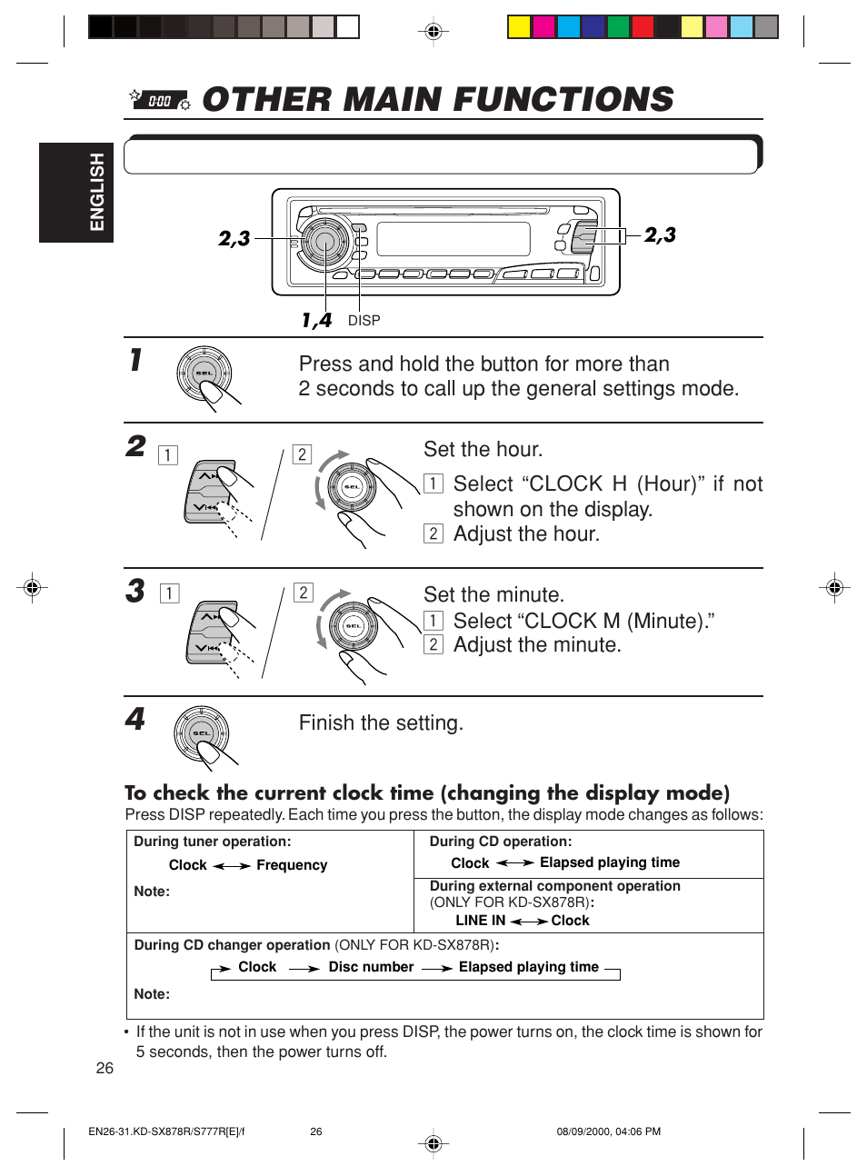 Other main functions, Setting the clock | JVC CD Receiver KD-S8R User Manual | Page 26 / 45