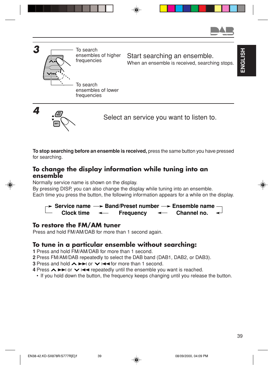 Start searching an ensemble, Select an service you want to listen to | JVC CD Receiver KD-S8R User Manual | Page 39 / 45