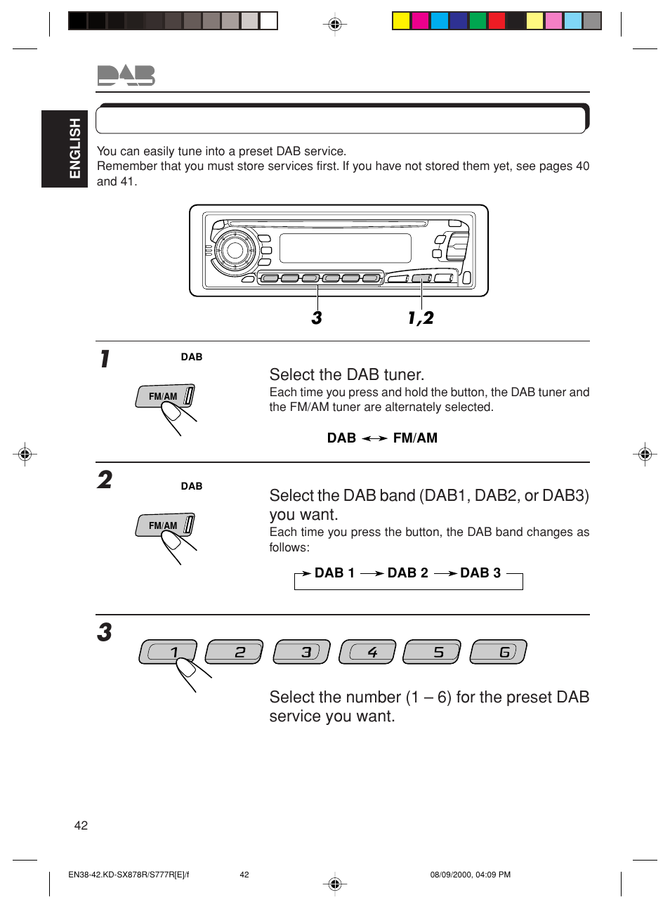 Tuning into a preset dab service | JVC CD Receiver KD-S8R User Manual | Page 42 / 45