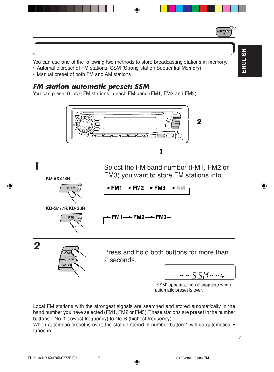 Storing stations in memory, Fm station automatic preset: ssm | JVC CD Receiver KD-S8R User Manual | Page 7 / 45
