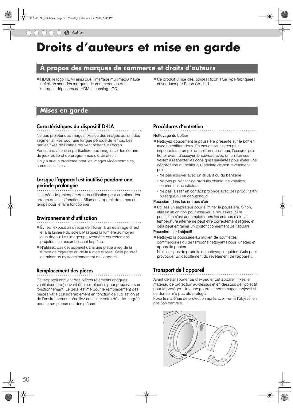 Droits d’auteurs et mise en garde, Mises en garde | JVC DLA-RS2 User Manual | Page 104 / 162