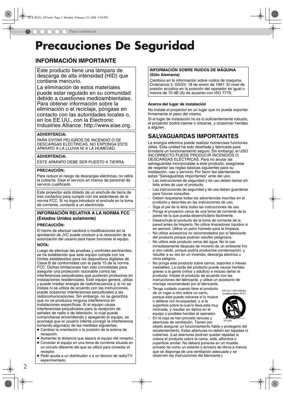 Para comenzar, Precauciones de seguridad, Información importante | Salvaguardas importantes | JVC DLA-RS2 User Manual | Page 110 / 162