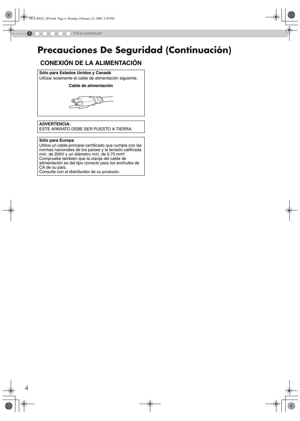 Precauciones de seguridad (continuación), Conexión de la alimentación | JVC DLA-RS2 User Manual | Page 112 / 162