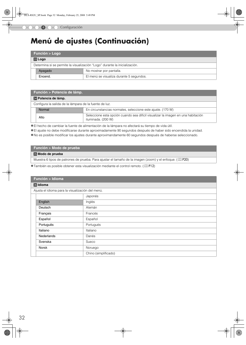 Menú de ajustes (continuación) | JVC DLA-RS2 User Manual | Page 140 / 162