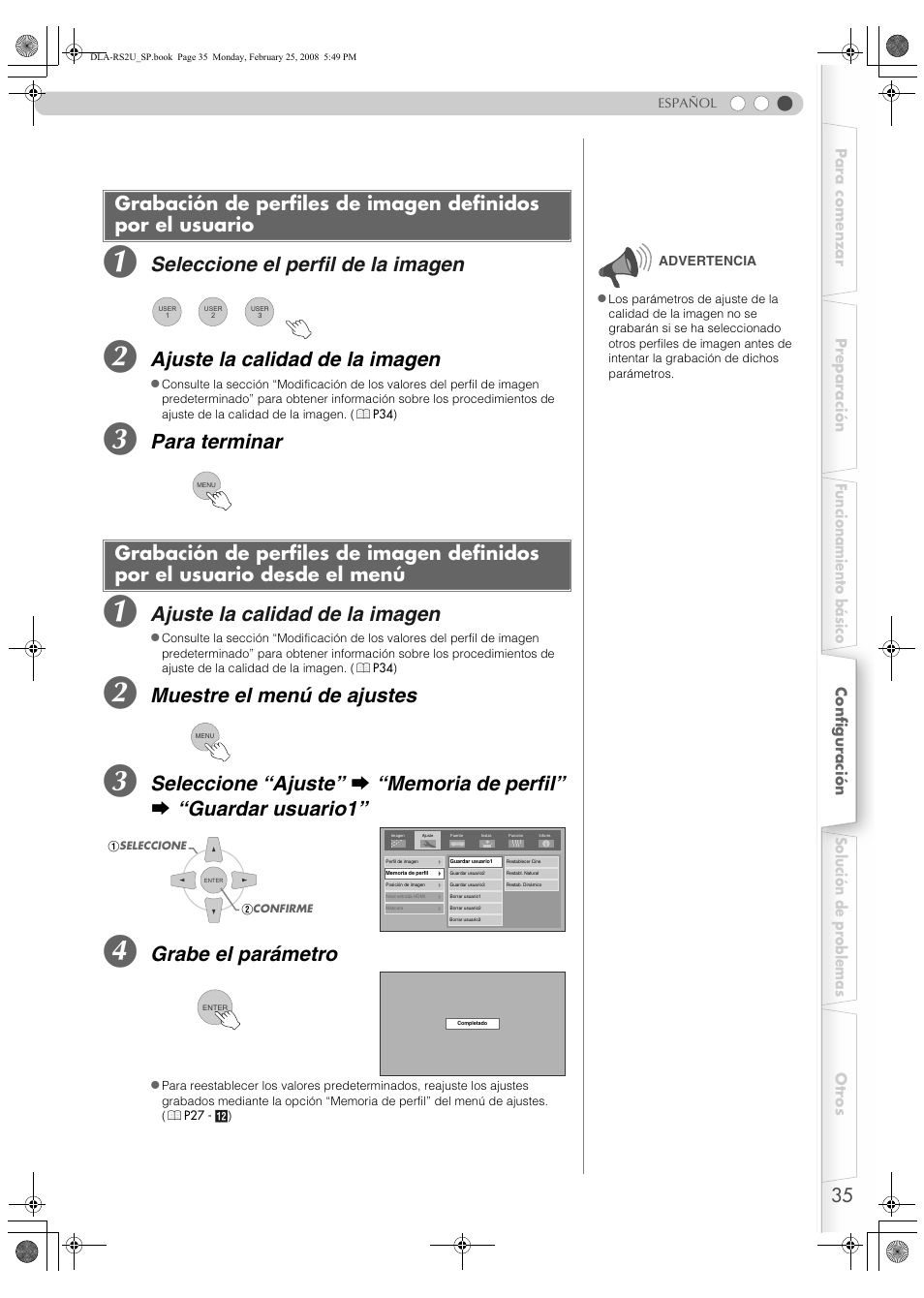 Grabación de perfiles de imagen definidos, Por el usuario, Por el usuario desde el menú | Seleccione el perfil de la imagen, Ajuste la calidad de la imagen, Para terminar, Muestre el menú de ajustes, Grabe el parámetro | JVC DLA-RS2 User Manual | Page 143 / 162