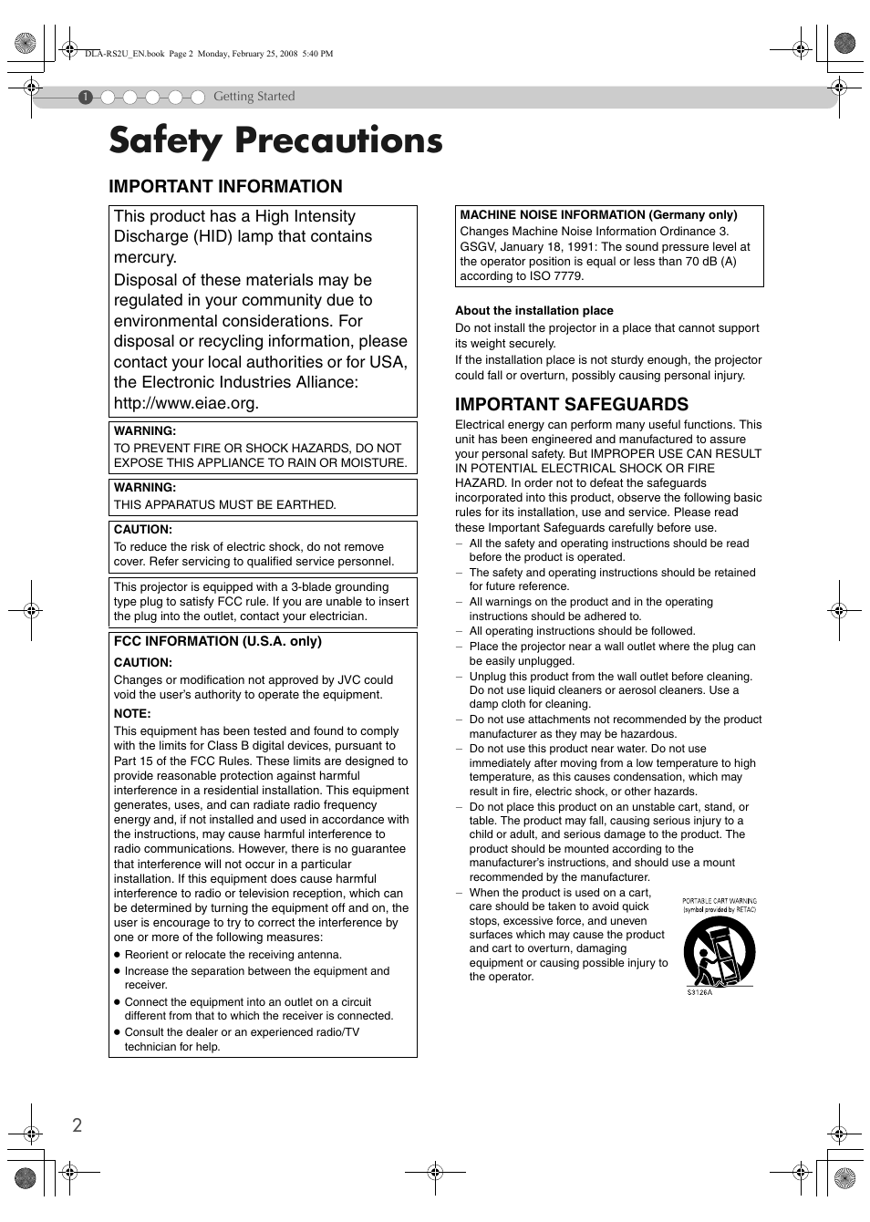 Getting started, Safety precautions, Important information | Important safeguards | JVC DLA-RS2 User Manual | Page 2 / 162