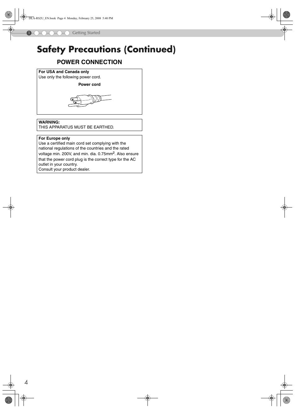 Safety precautions (continued), Power connection | JVC DLA-RS2 User Manual | Page 4 / 162