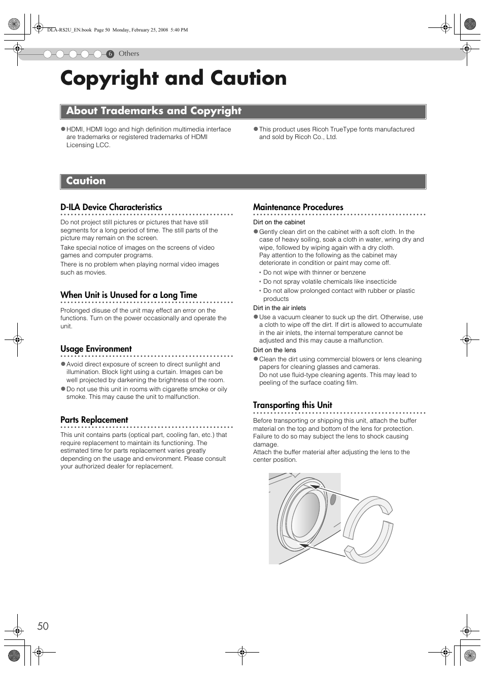 Copyright and caution, About trademarks and copyright, Caution | About trademarks and copyright caution, P50) | JVC DLA-RS2 User Manual | Page 50 / 162