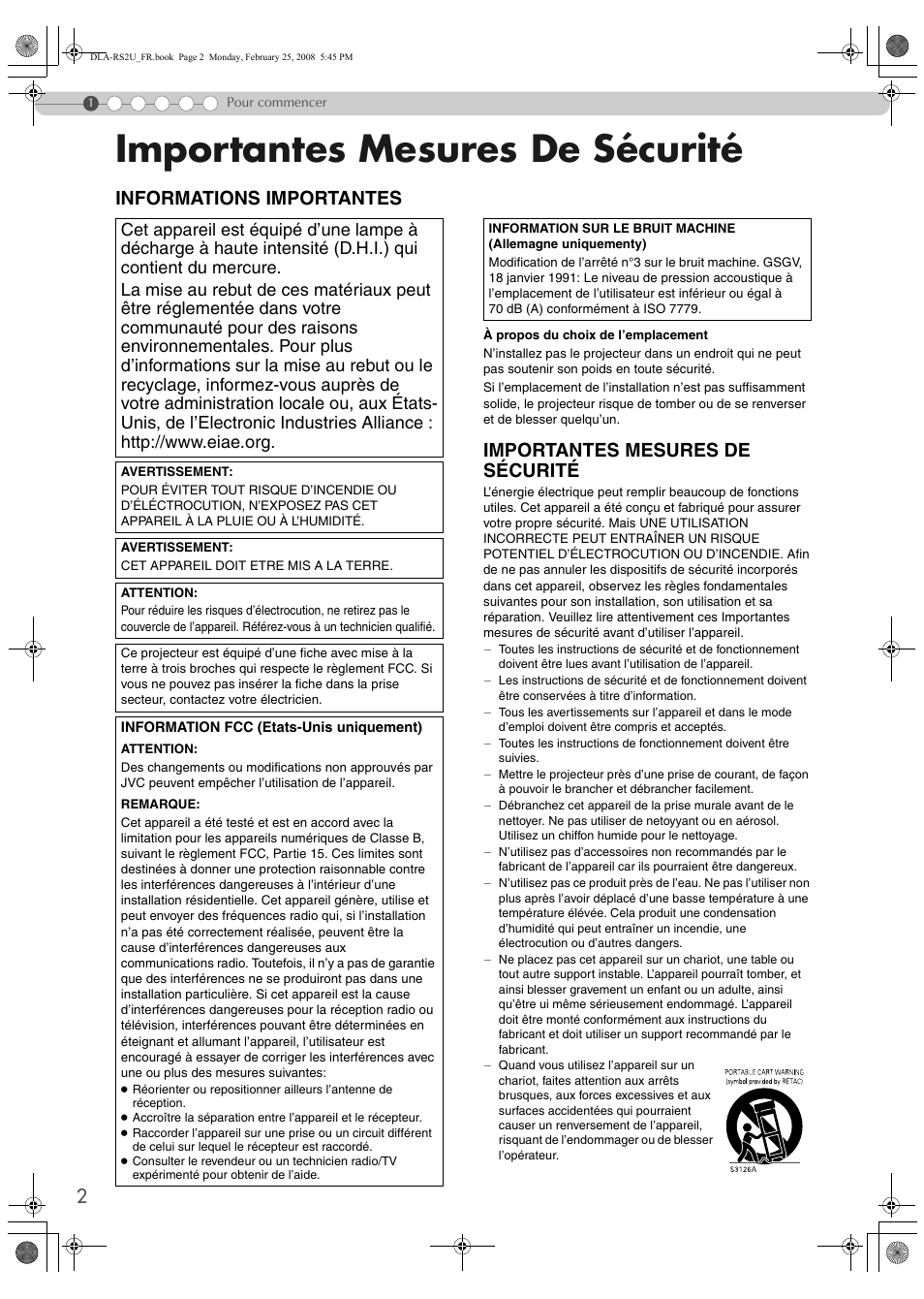 Pour commencer, Importantes mesures de sécurité, Informations importantes | JVC DLA-RS2 User Manual | Page 56 / 162