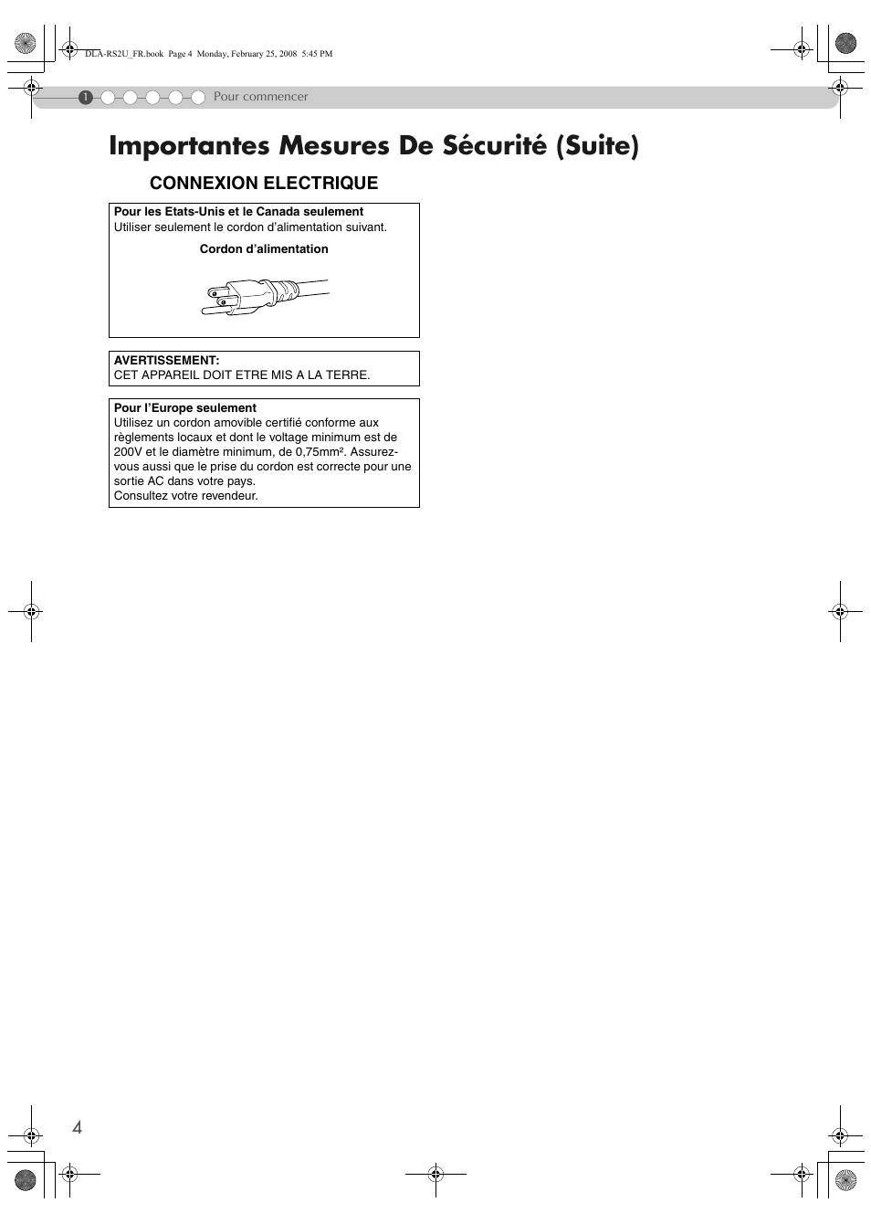 Importantes mesures de sécurité (suite), Connexion electrique | JVC DLA-RS2 User Manual | Page 58 / 162