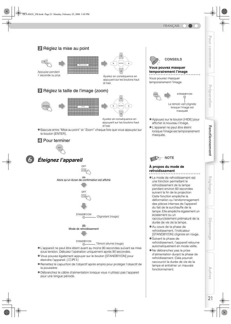 Éteignez l’appareil | JVC DLA-RS2 User Manual | Page 75 / 162