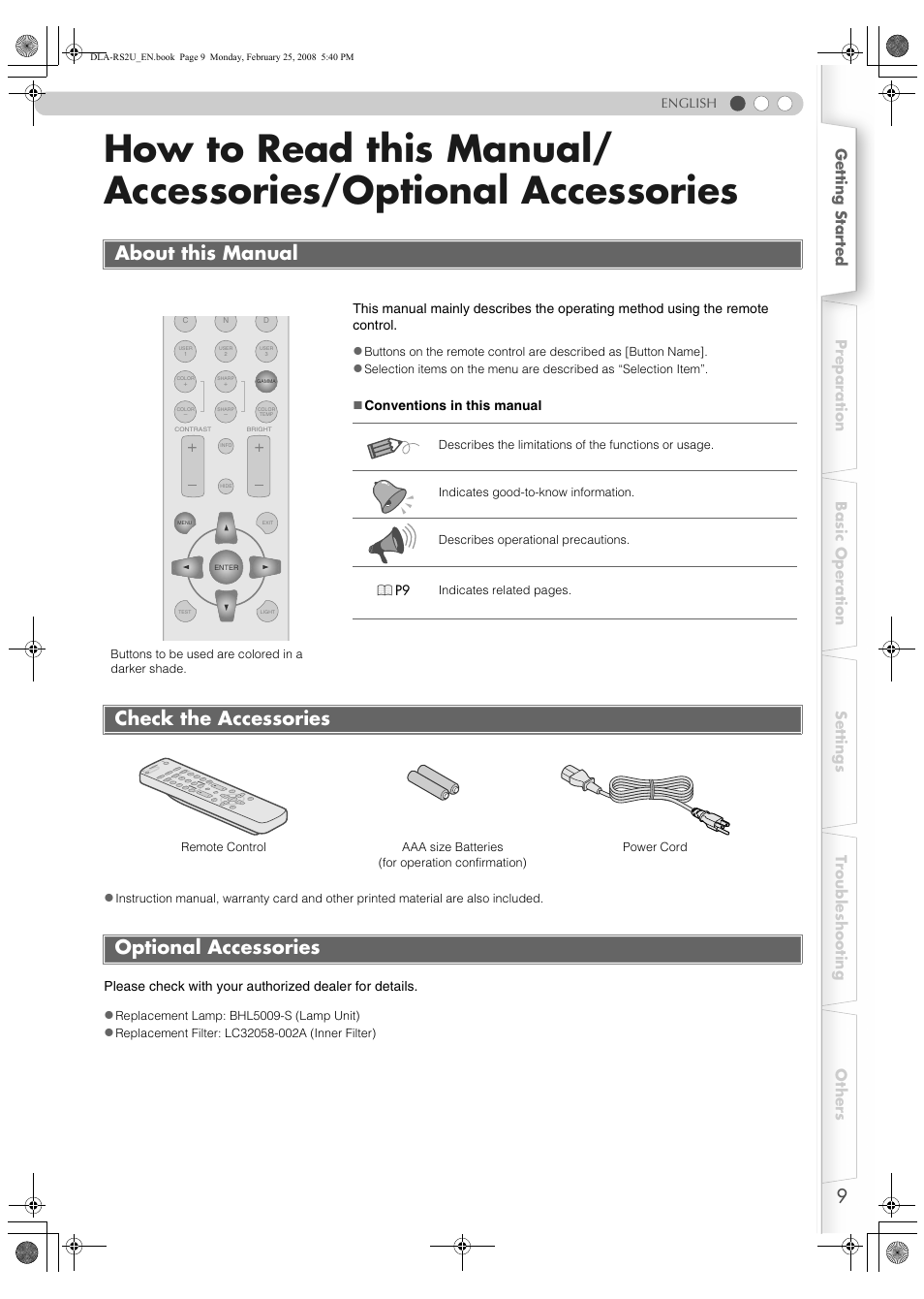 About this manual, Check the accessories, Optional accessories | How to read this manual, Accessories/optional accessories, Check the accessories optional accessories | JVC DLA-RS2 User Manual | Page 9 / 162