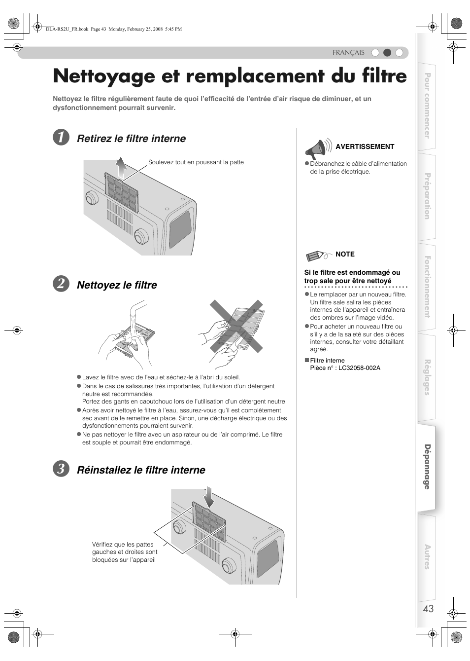 Nettoyage et remplacement du filtre, Pp43, Retirez le filtre interne | Nettoyez le filtre, Réinstallez le filtre interne | JVC DLA-RS2 User Manual | Page 97 / 162