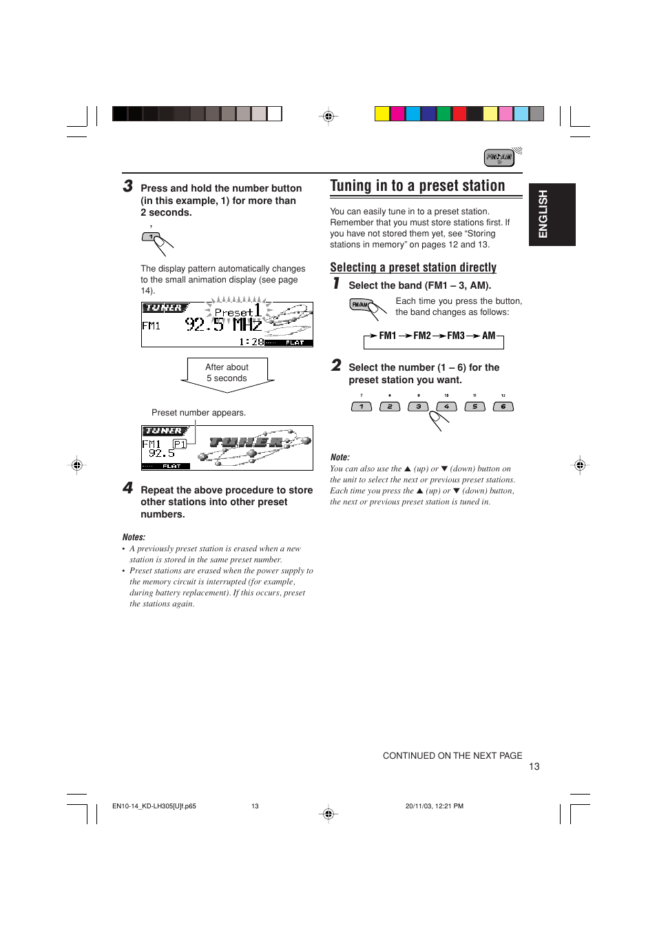 Tuning in to a preset station | JVC KD-LH305 User Manual | Page 13 / 62