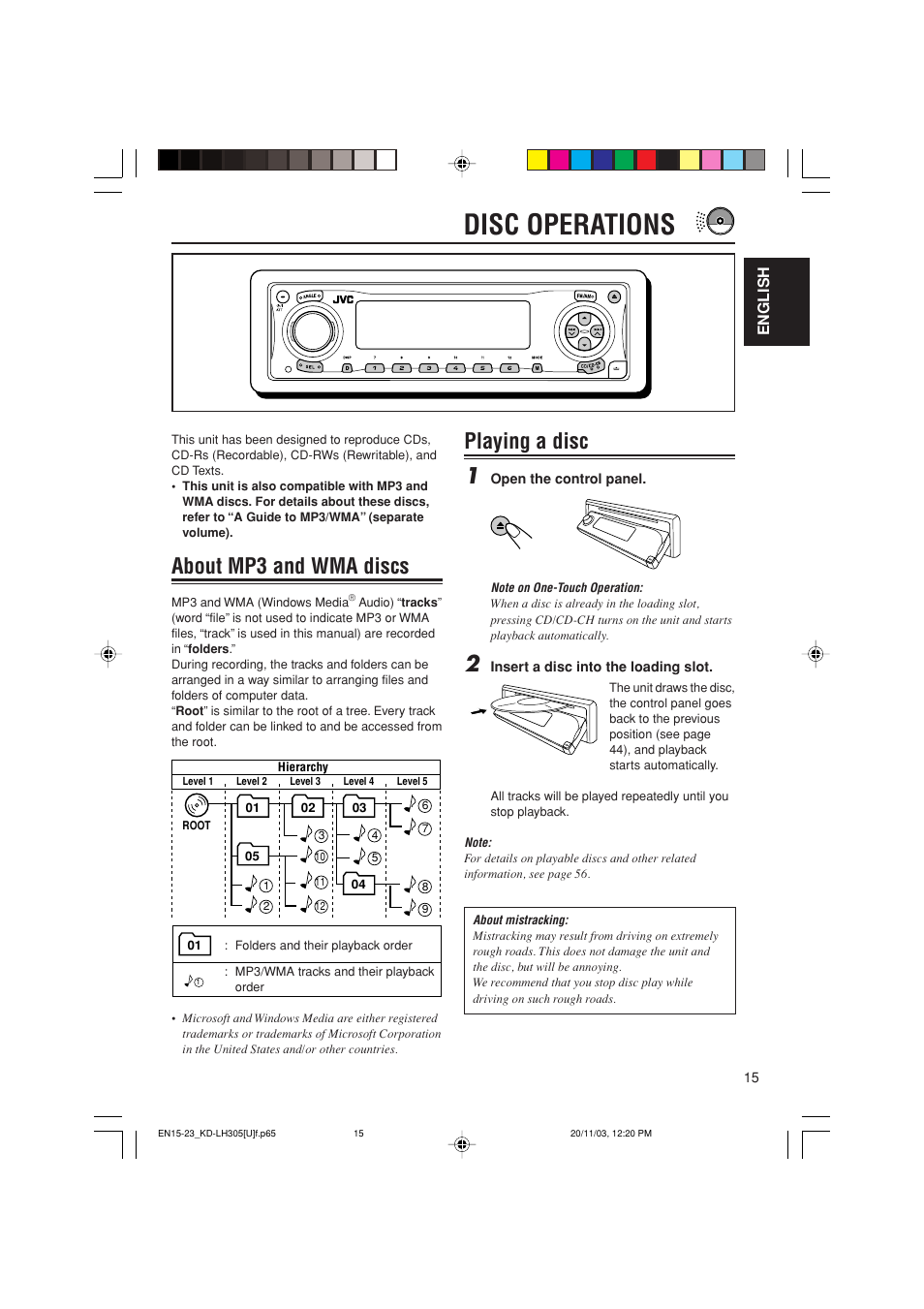 Disc operations, About mp3 and wma discs, Playing a disc 1 | JVC KD-LH305 User Manual | Page 15 / 62