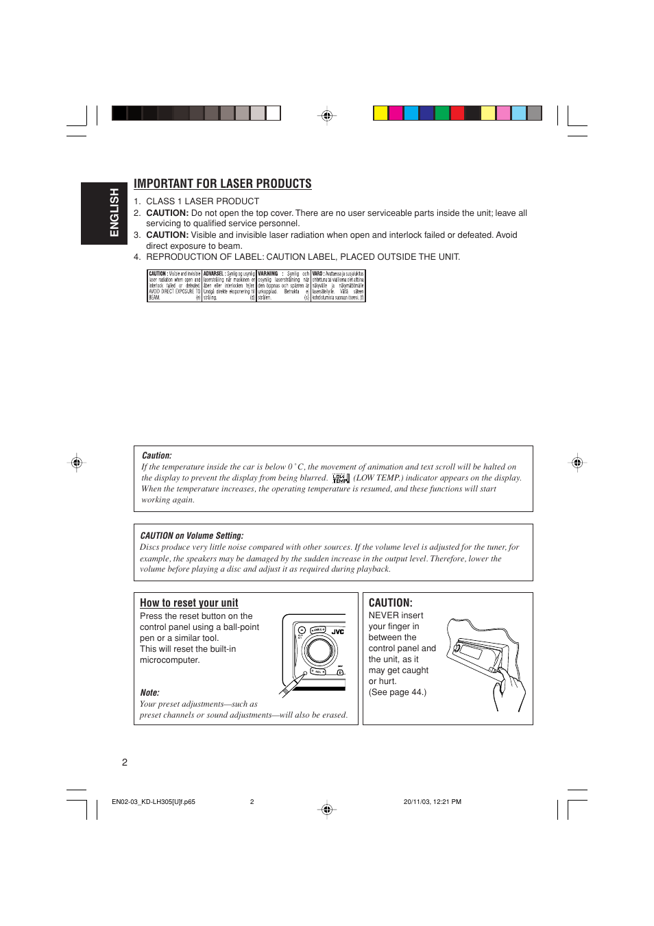 Important for laser products | JVC KD-LH305 User Manual | Page 2 / 62