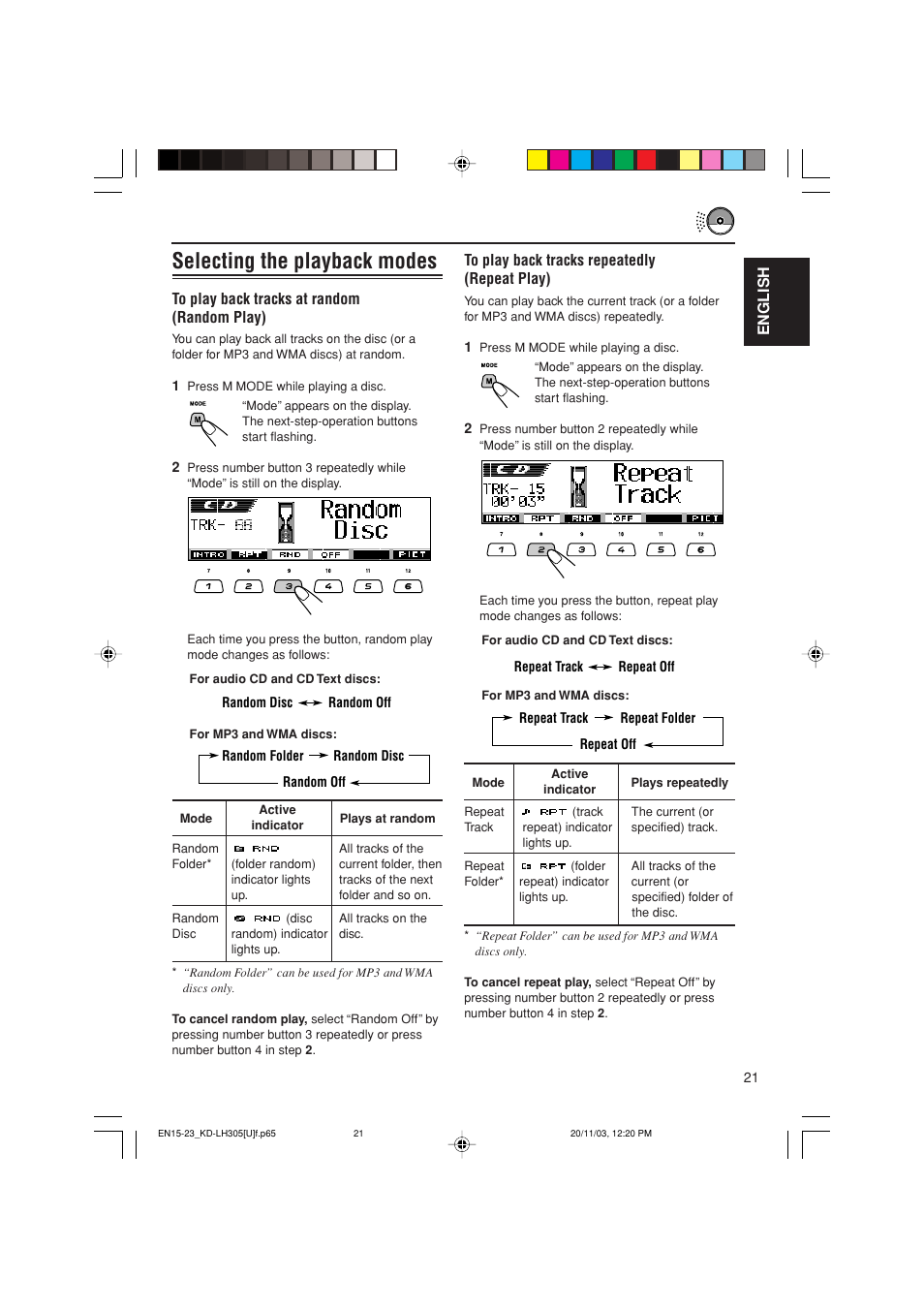 Selecting the playback modes, English | JVC KD-LH305 User Manual | Page 21 / 62