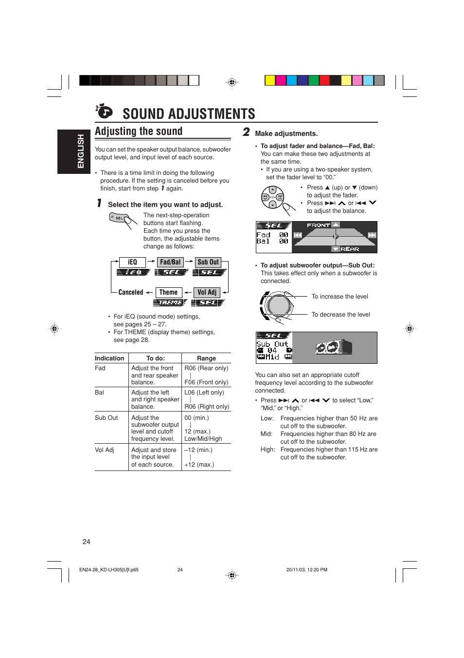 Sound adjustments, Adjusting the sound | JVC KD-LH305 User Manual | Page 24 / 62