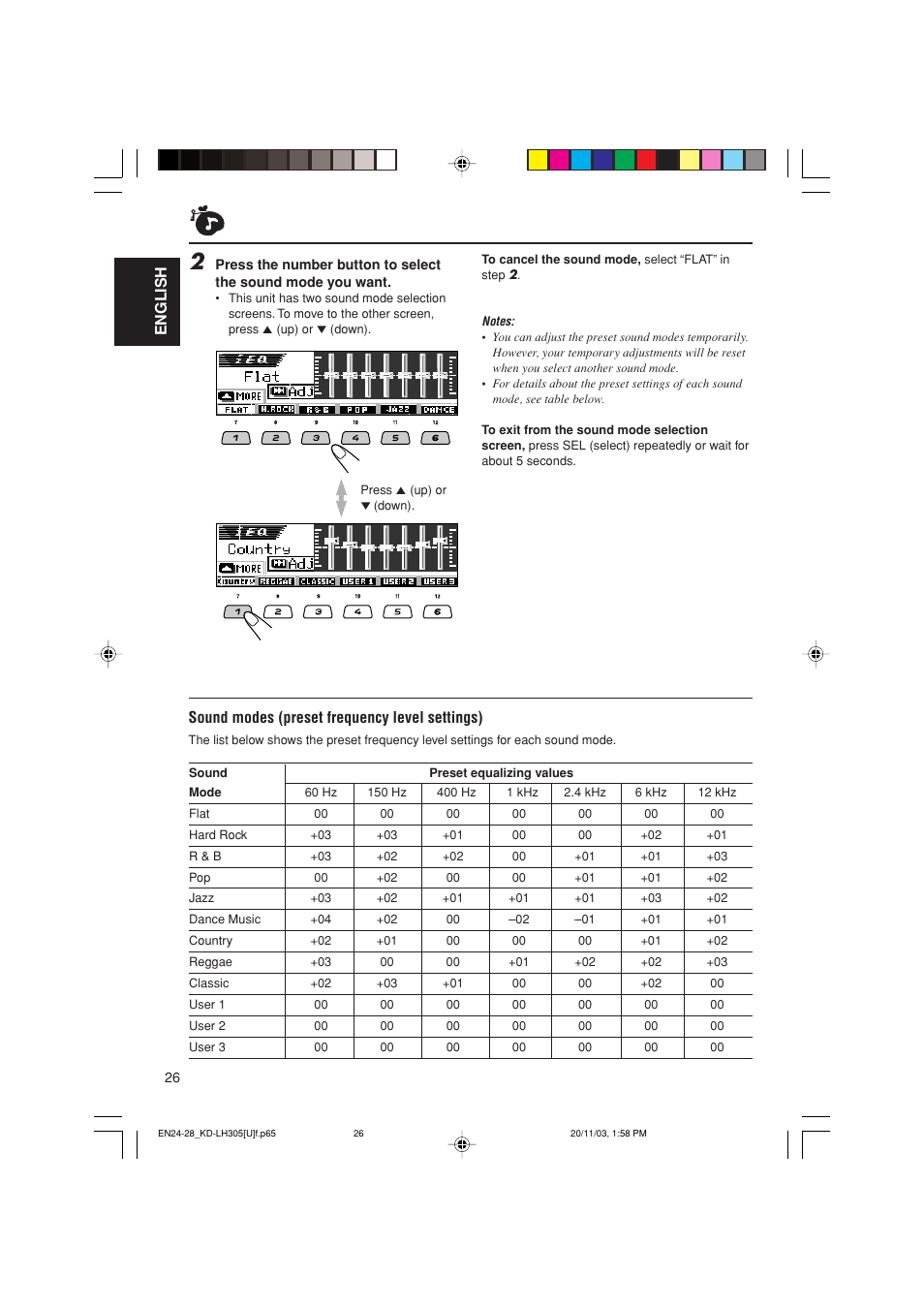 English, Sound modes (preset frequency level settings) | JVC KD-LH305 User Manual | Page 26 / 62