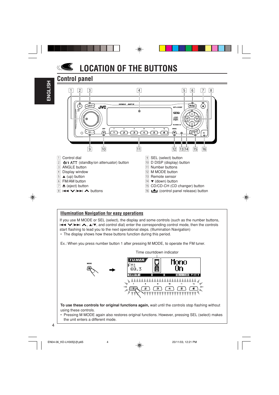 Location of the buttons, Control panel | JVC KD-LH305 User Manual | Page 4 / 62